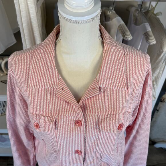 Denim & CO.  size Large Pink & white seer sucker jacket, casual, spring #3767 - Picture 5 of 9